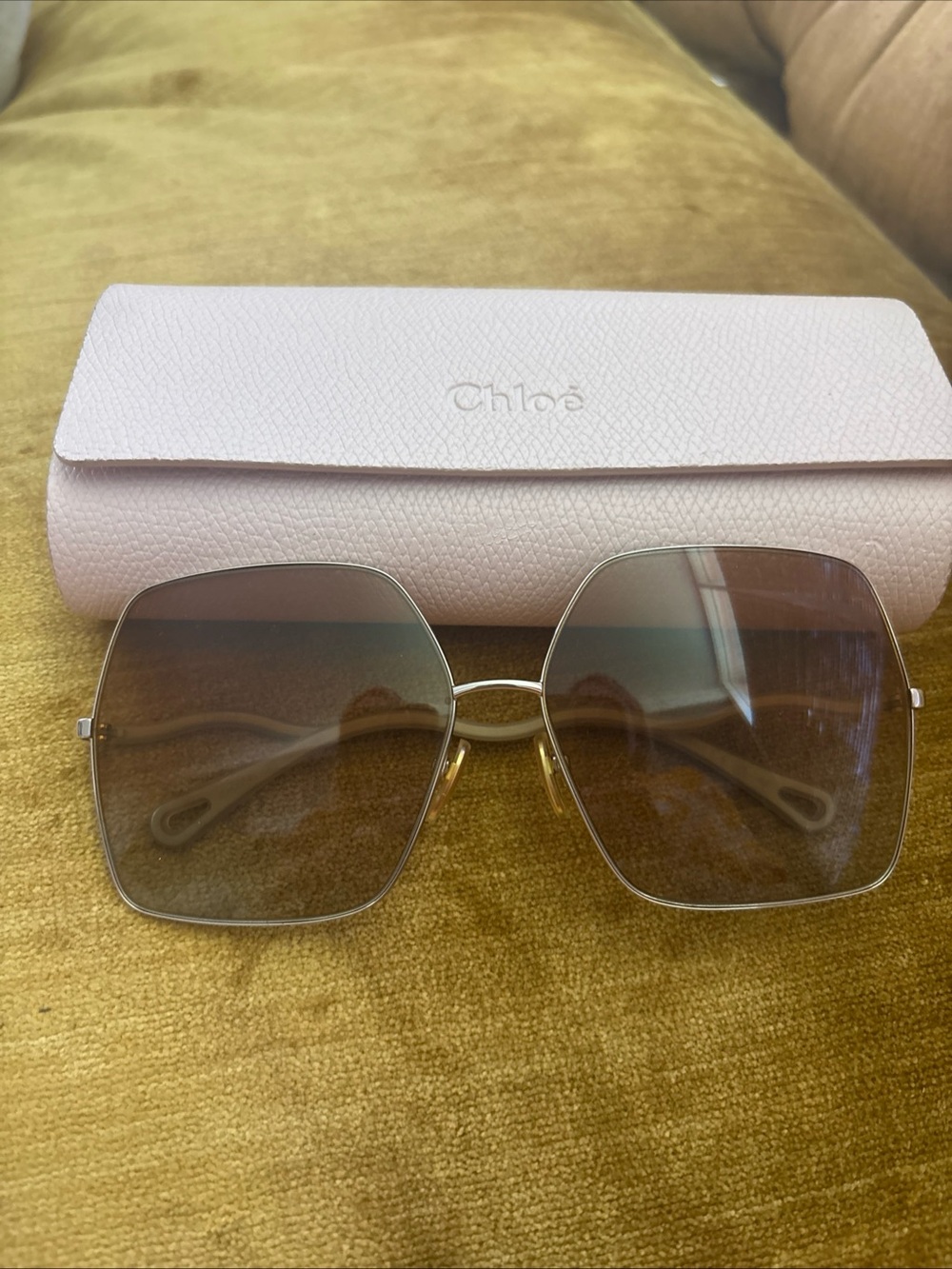 Chloé Gold Frame Sunglasses with Pink Case and Gradient Brown Lenses